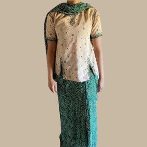 Tan Green Bandhani Embroidered Lehenga corset Set Indian Wedding mehndi choli